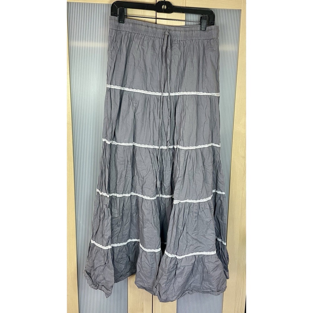 Bimba Full Cotton Long Maxi Skirt OS Gray Boho Tiered Peasant Lace Cottagecore - Picture 3 of 6